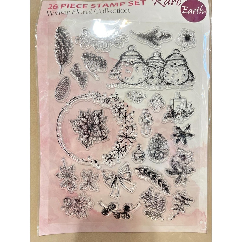 RARE EARTH WINTER FLORAL 26 CLEAR CLING STAMPS CHRISTMAS BIRDS TWIGS PINECONE